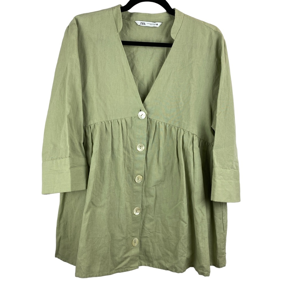 Zara Green Linen Blend Babydoll Blouse Medium